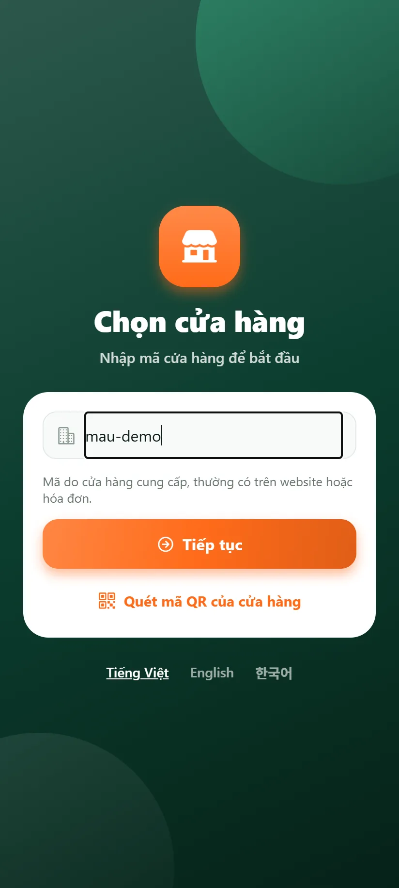 Đã nhập mã cửa hàng