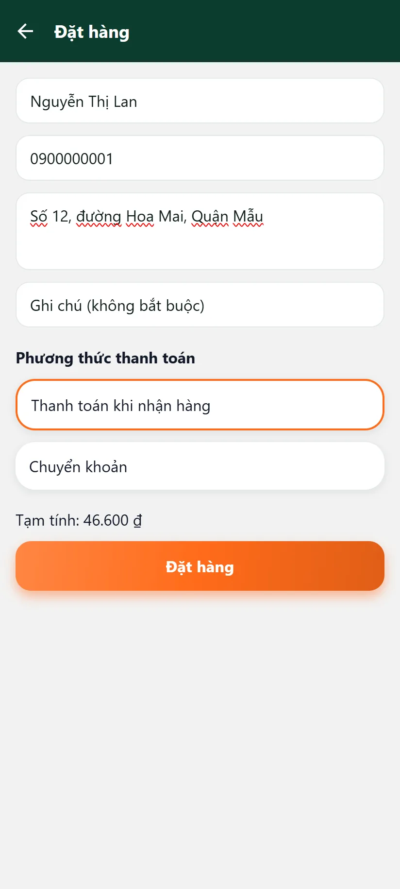 Điền thông tin đặt hàng