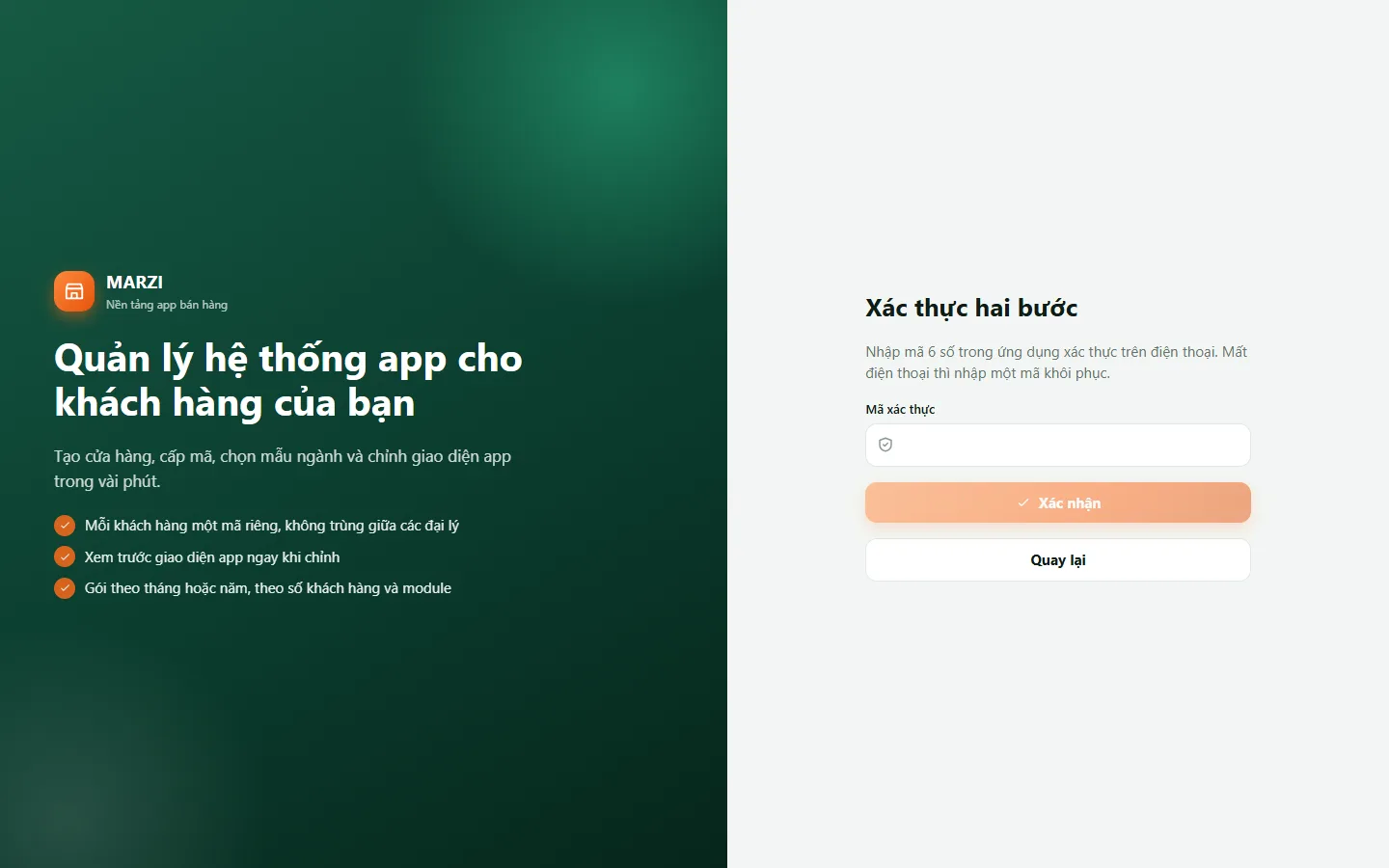 Màn nhập mã xác thực khi đăng nhập