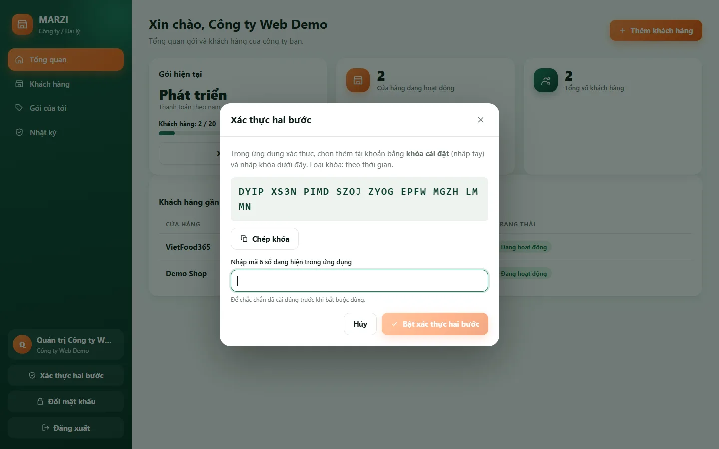 Màn nhập khóa vào ứng dụng xác thực