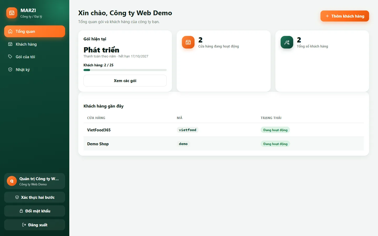 Trang tổng quan của đại lý