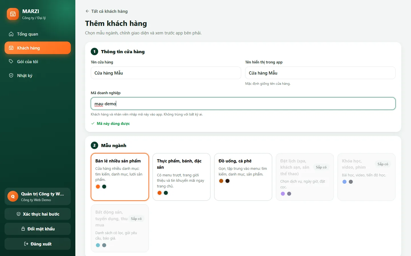Form thêm khách hàng: tên, mã, mẫu ngành