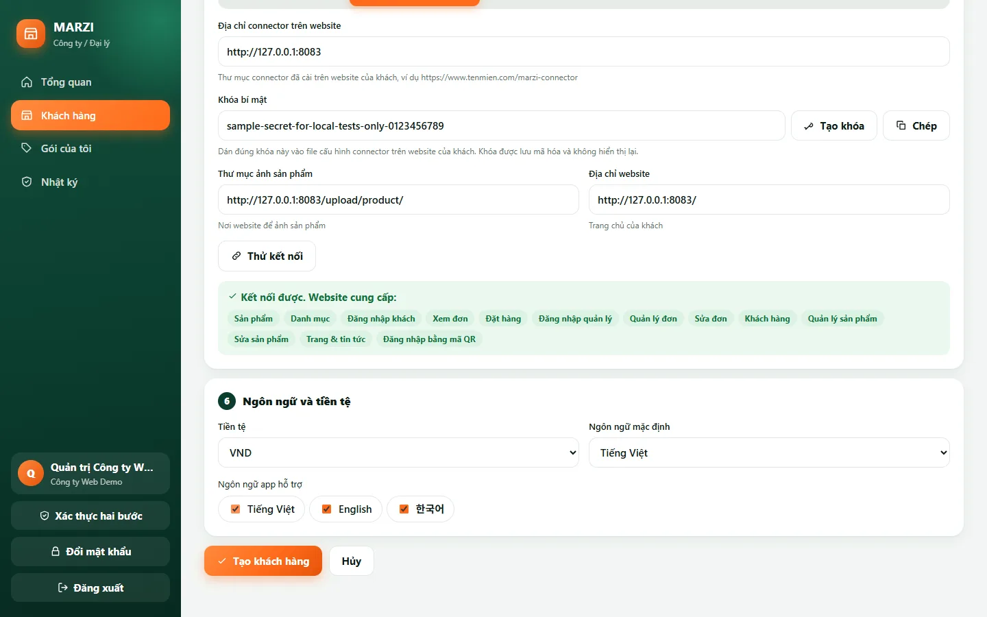 Nối website và thử kết nối thành công