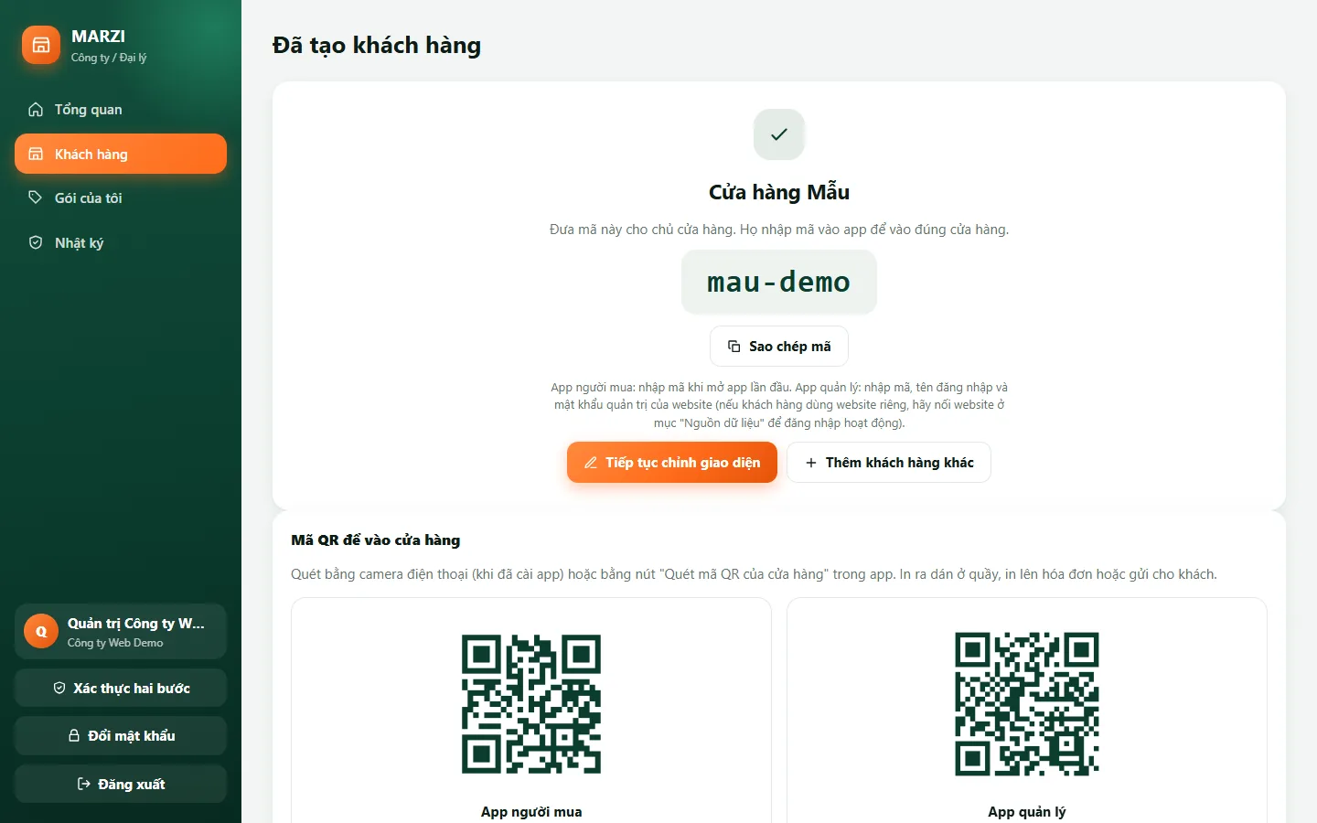Tạo xong: mã cửa hàng mau-demo