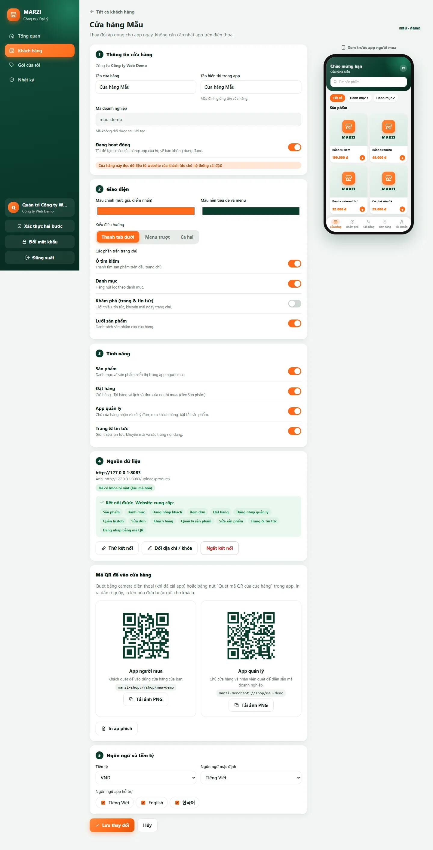 Trang chỉnh sửa khách hàng với khung xem trước app