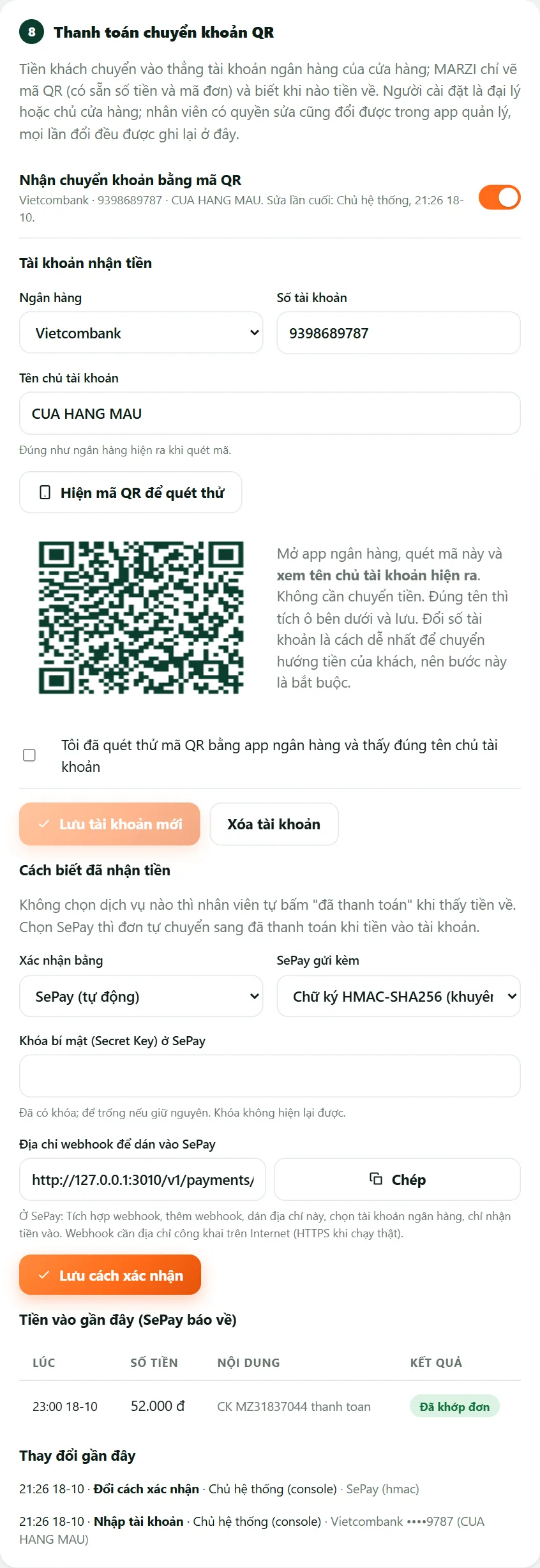 Thẻ Thanh toán chuyển khoản QR trong bảng điều khiển