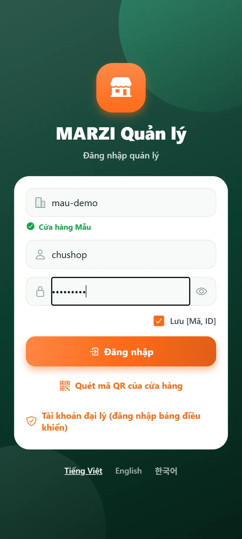 Đã nhập mã, tên đăng nhập, mật khẩu