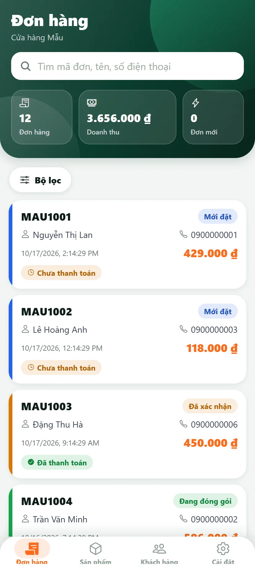 Danh sách đơn hàng