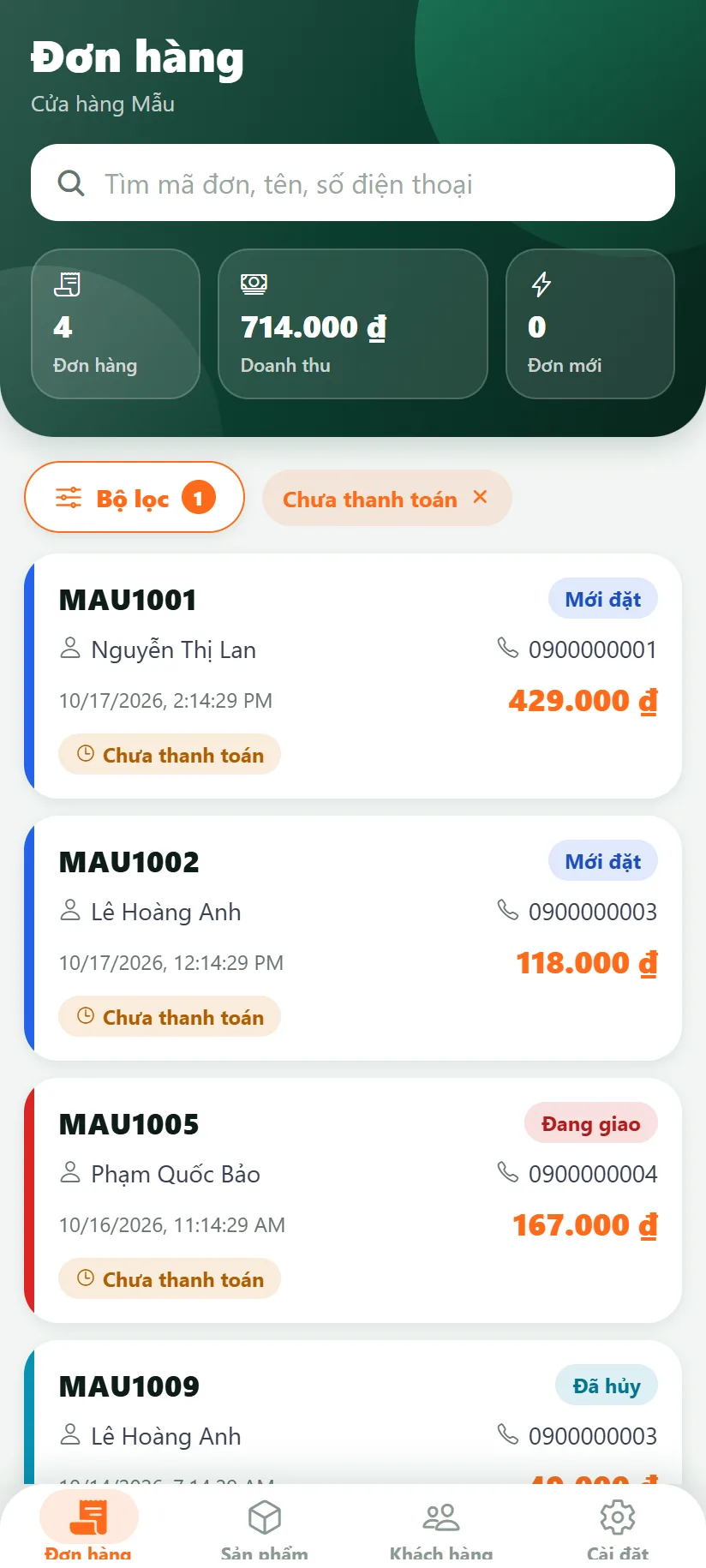 Danh sách sau khi lọc đơn chưa thanh toán