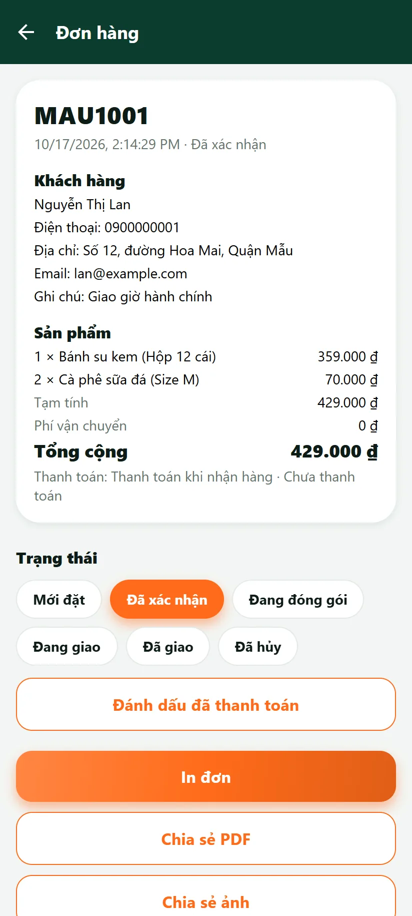 Chi tiết đơn, đã đổi sang Đã xác nhận