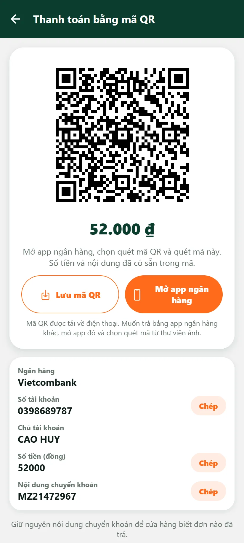Màn mã QR có hai nút Lưu mã QR và Mở app ngân hàng