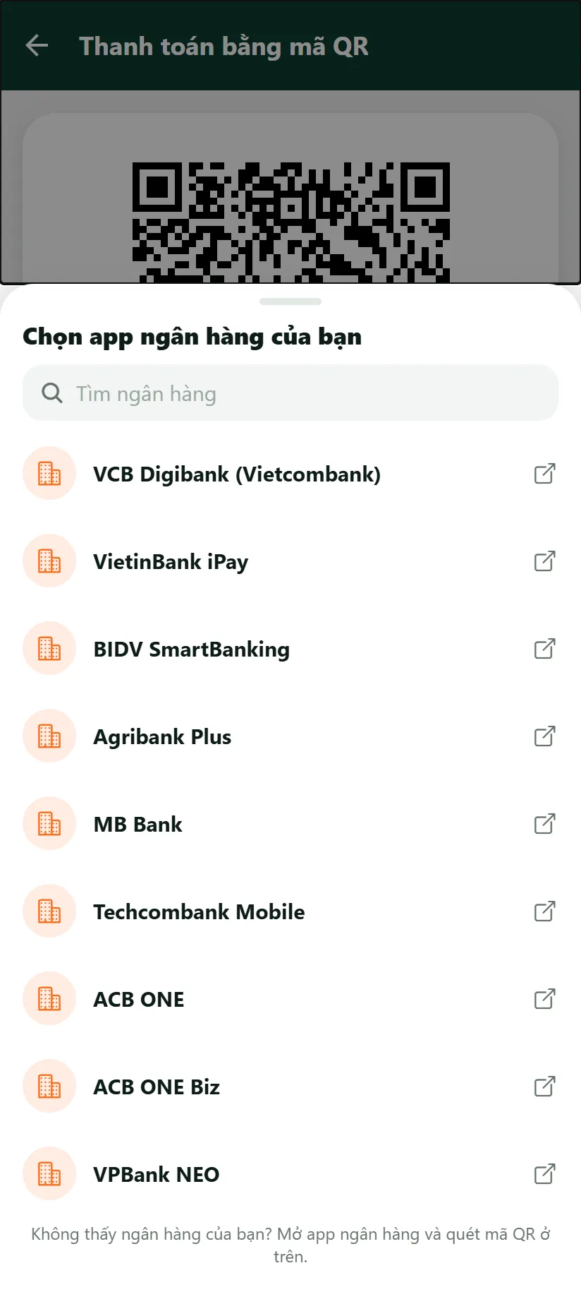 Danh sách app ngân hàng để chọn