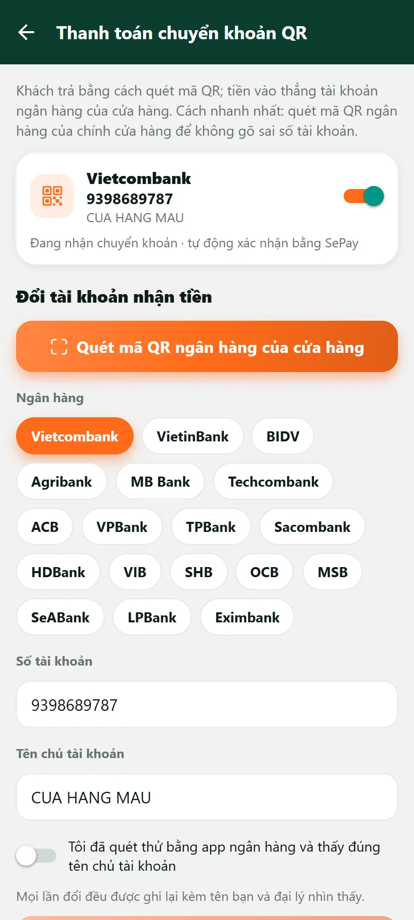 Màn tài khoản nhận tiền