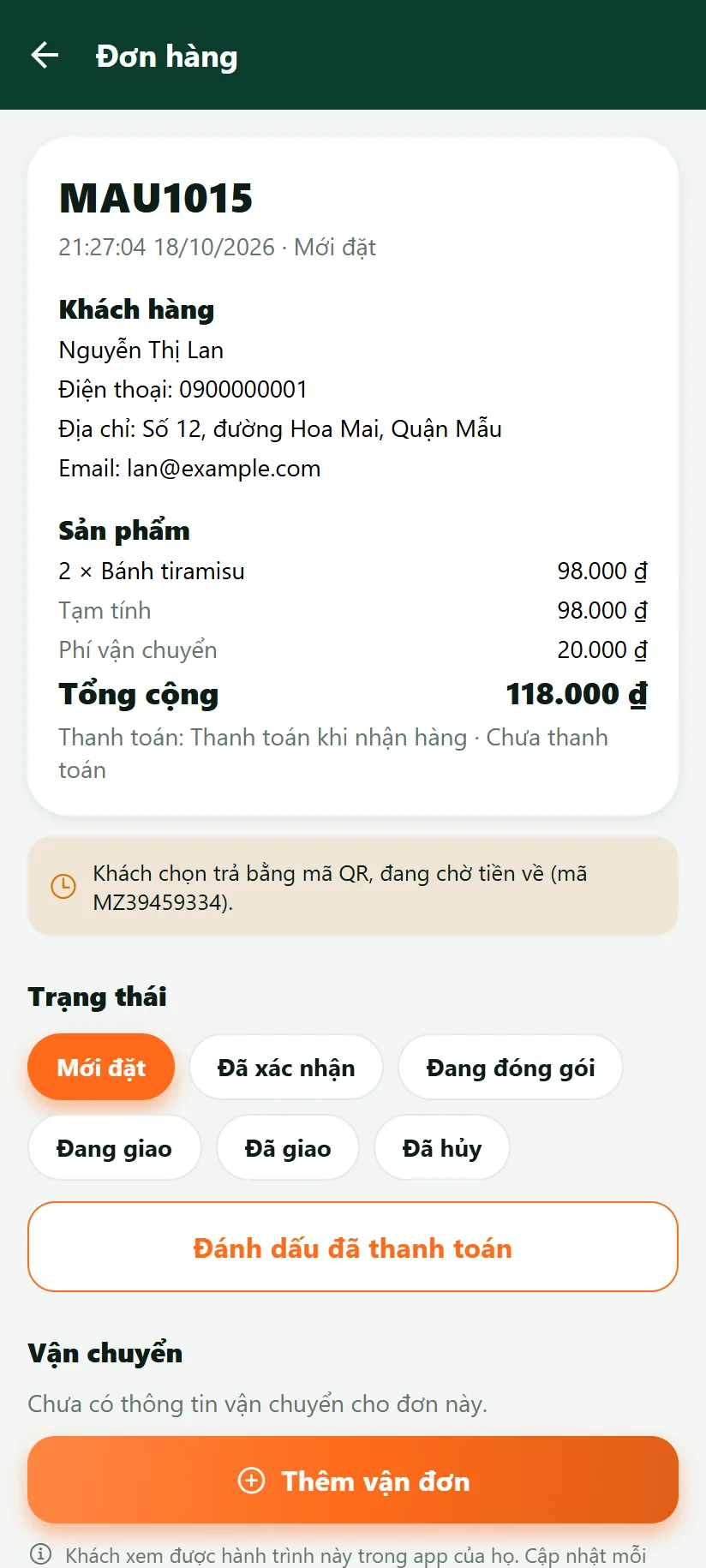 Đơn đang chờ khách chuyển khoản