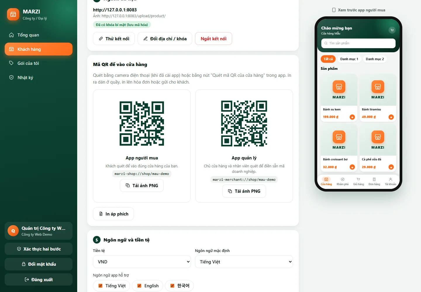 Hai mã QR của cửa hàng trong bảng điều khiển
