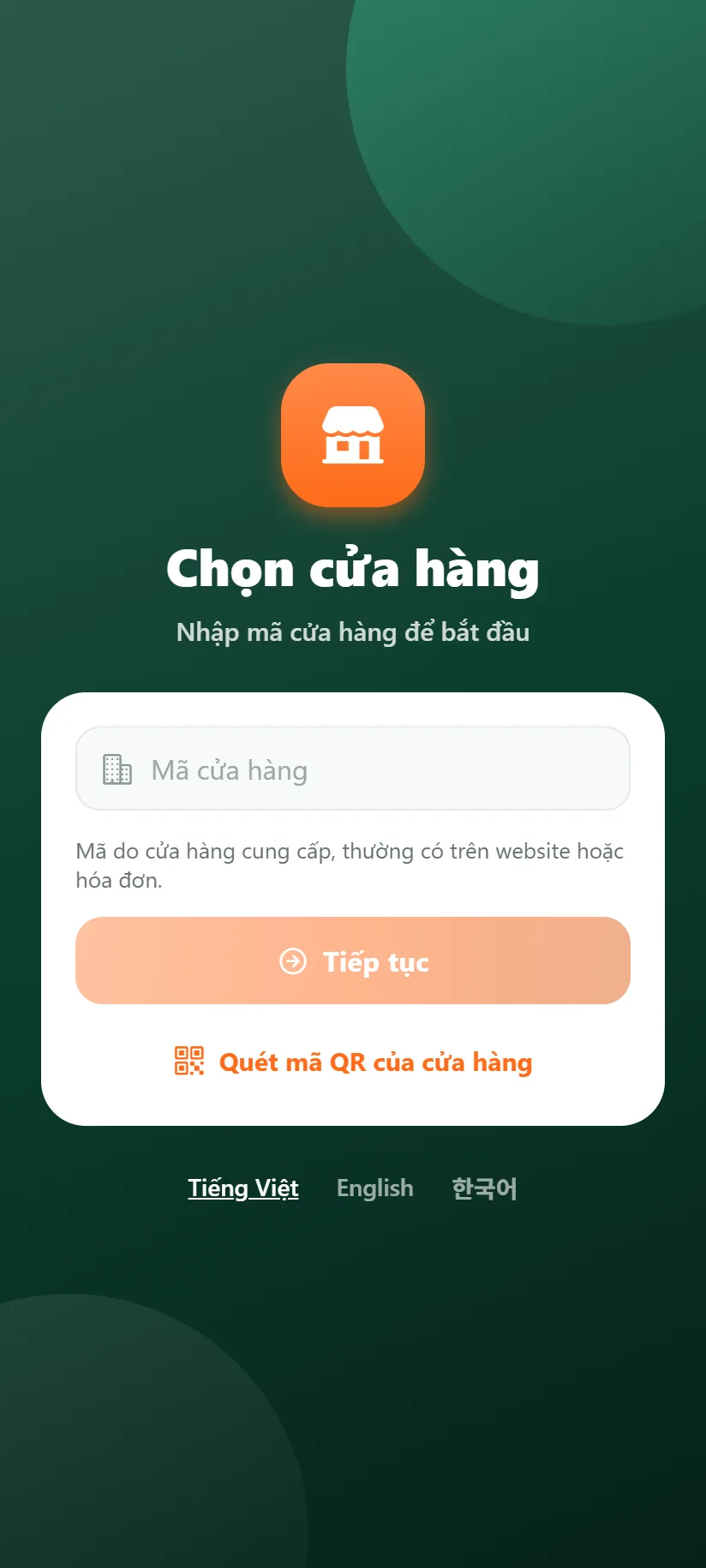 Màn chọn cửa hàng có nút Quét mã QR