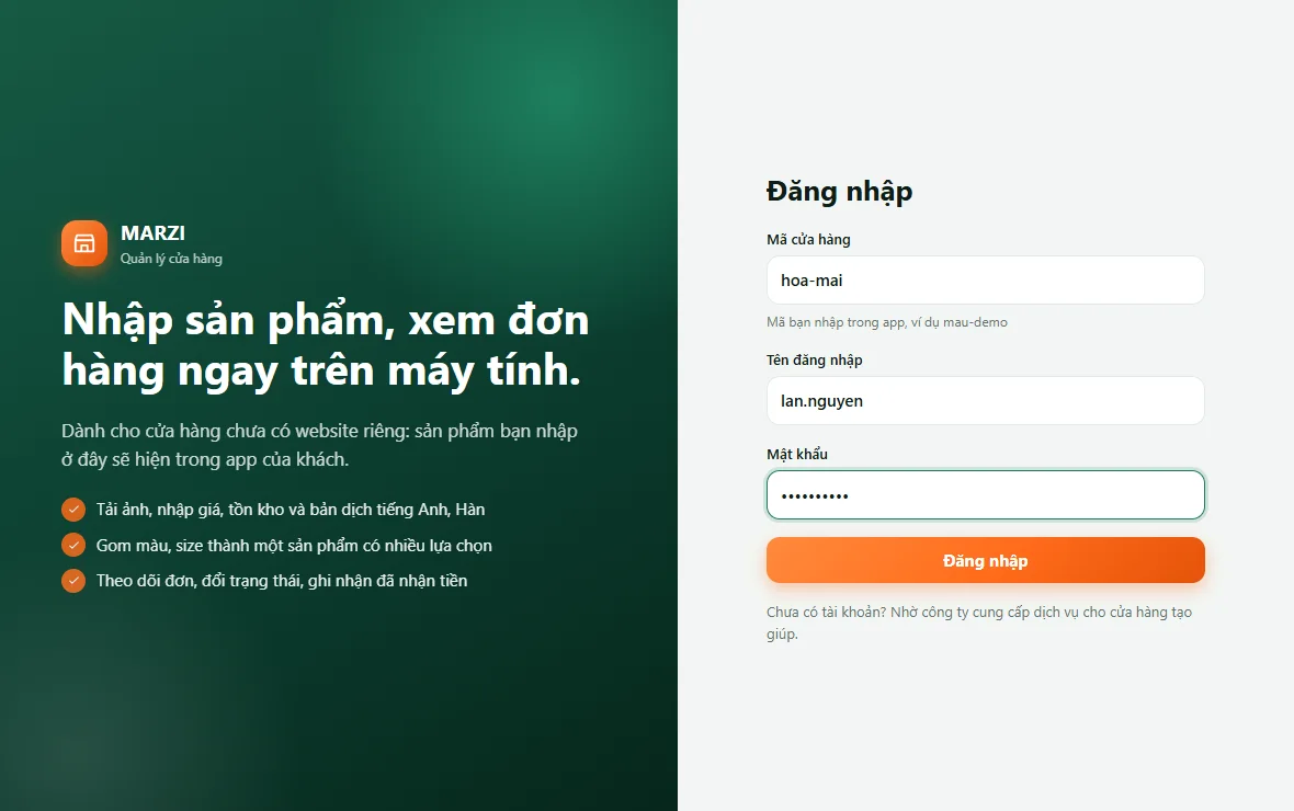Màn đăng nhập quản lý cửa hàng