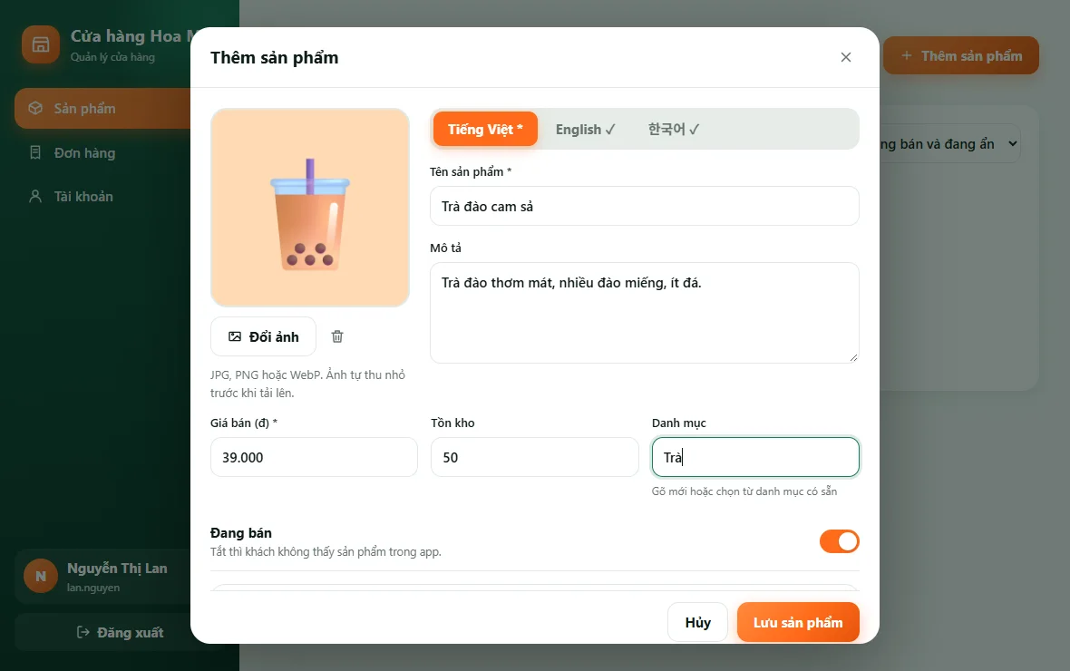 Form thêm sản phẩm