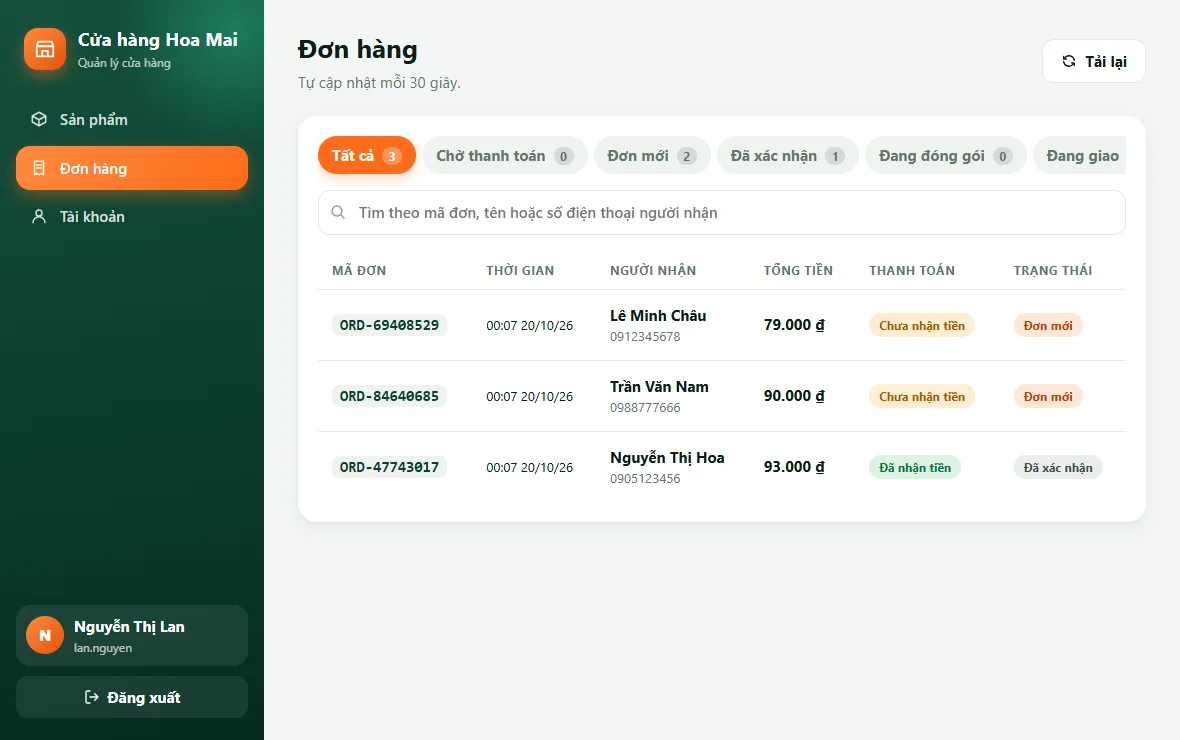 Danh sách đơn hàng