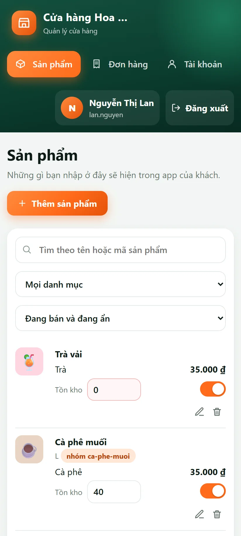 Danh sách sản phẩm trên điện thoại