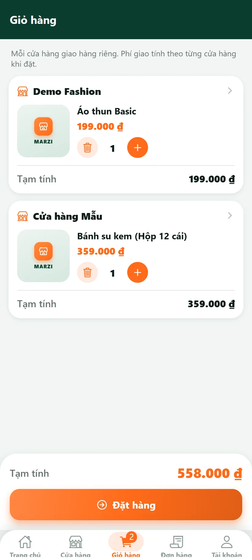 Giỏ hàng có hai cửa hàng