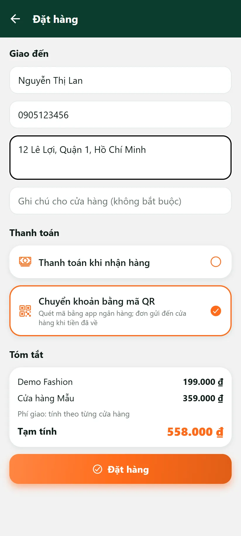 Màn đặt hàng chọn chuyển khoản QR