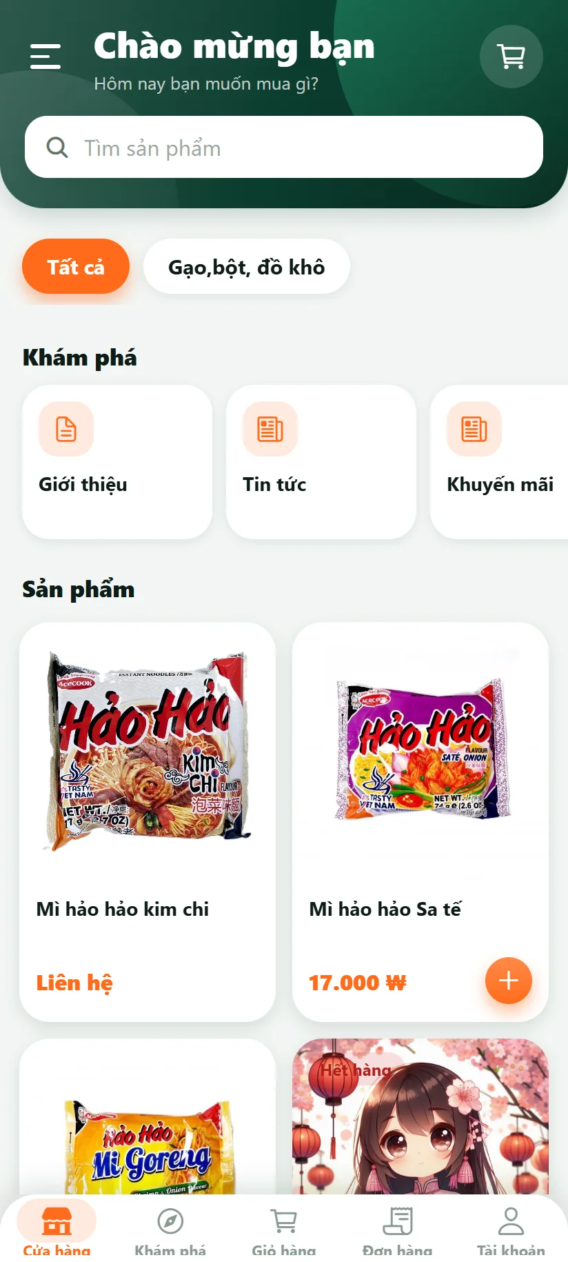 App đặt hàng: trang chủ cửa hàng với danh mục và sản phẩm