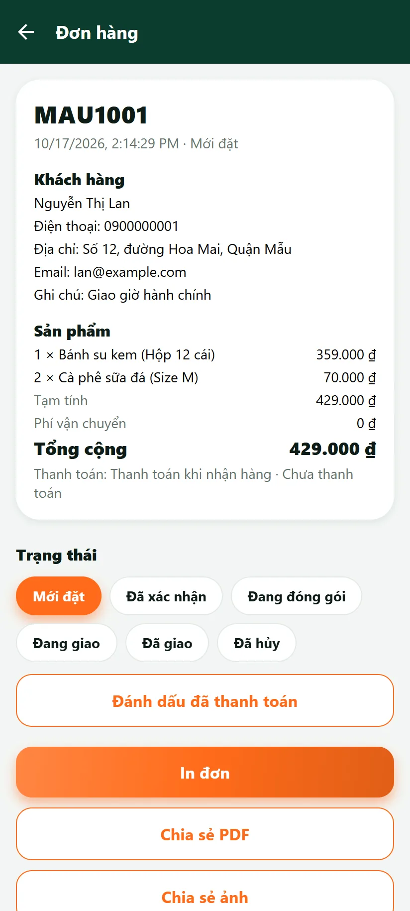 App quản lý: chi tiết đơn MAU1001
