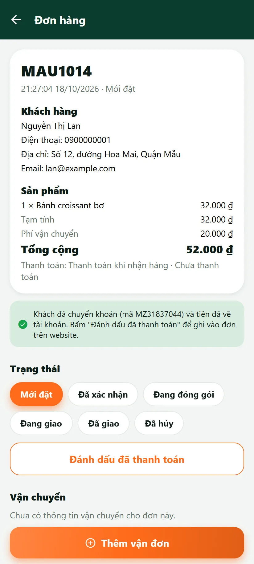 App quản lý: đơn đã được thanh toán bằng mã QR