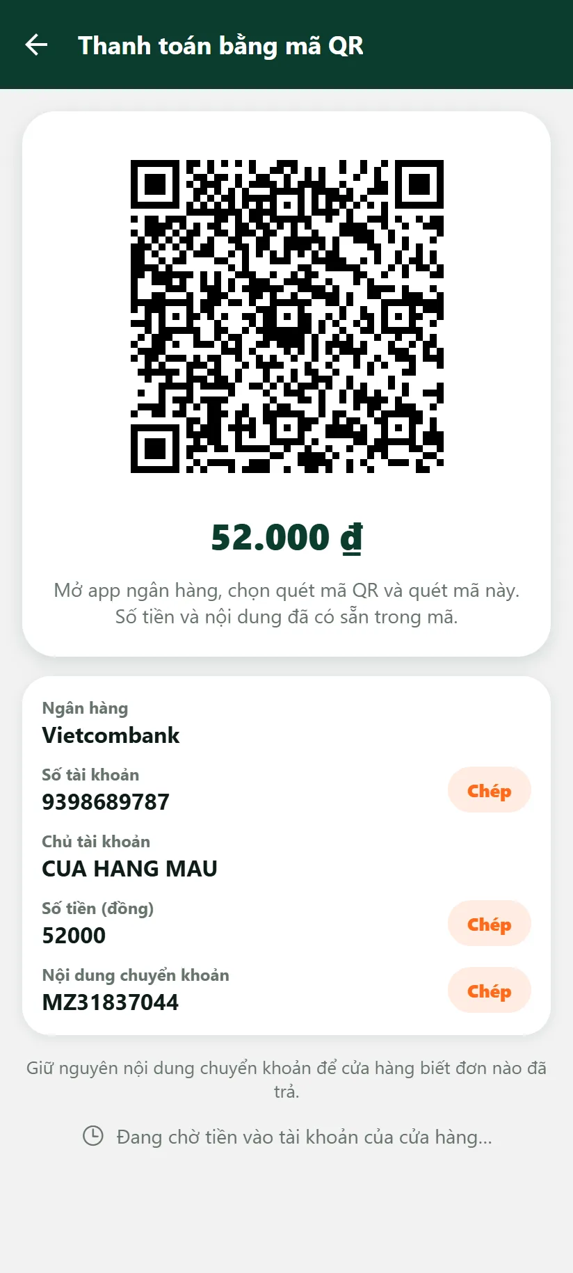 App người mua: mã QR thanh toán