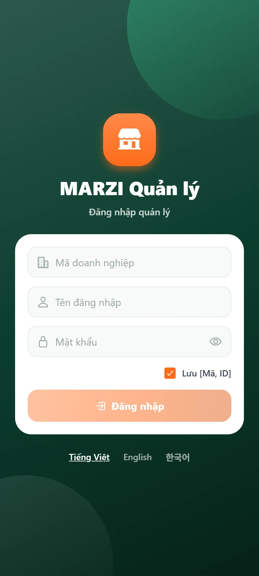 App quản lý: màn đăng nhập bằng mã doanh nghiệp, tên đăng nhập và mật khẩu